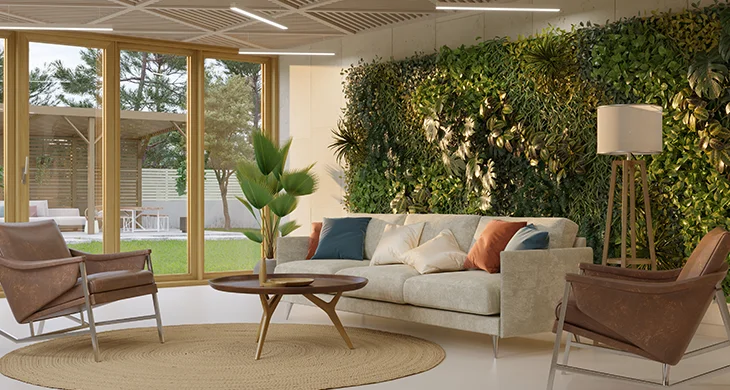 Sala con jardín interior al lado de los muebles